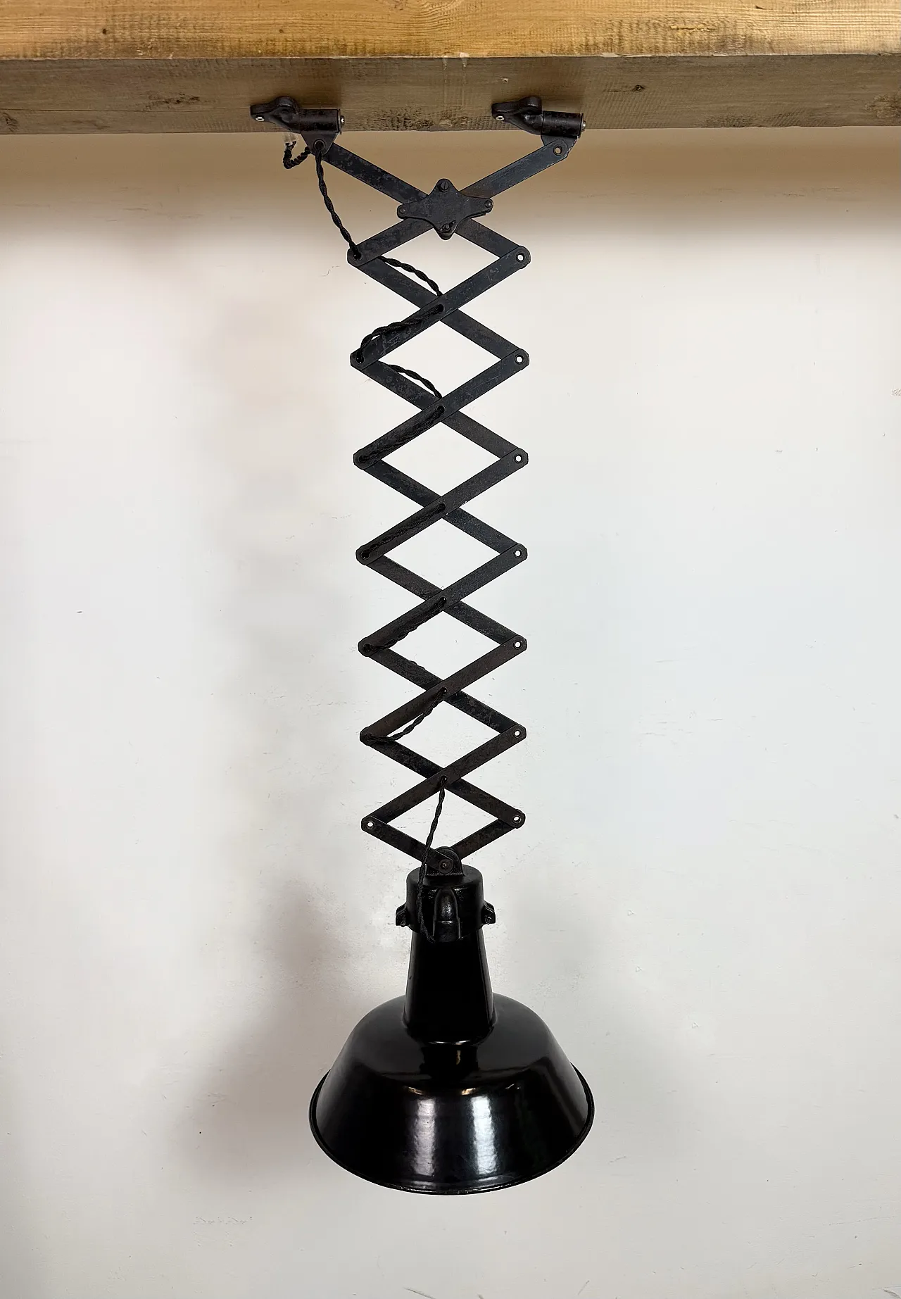 Industrial Black Enamel Scissor Ceiling Lamp, 1930s 7