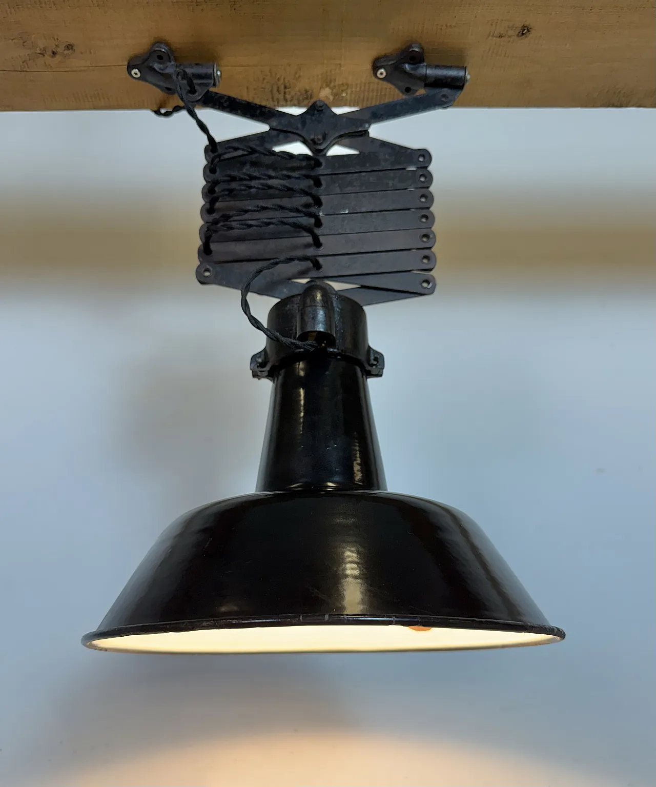 Industrial Black Enamel Scissor Ceiling Lamp, 1930s 11