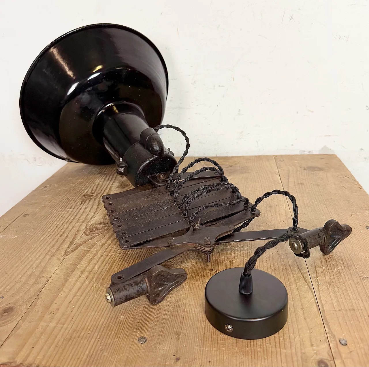 Industrial Black Enamel Scissor Ceiling Lamp, 1930s 20