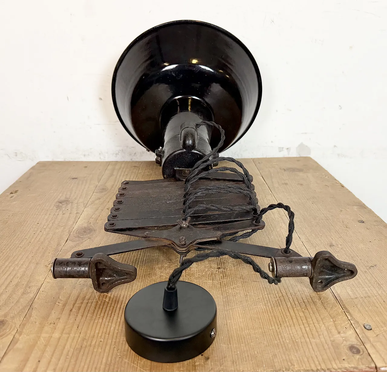 Industrial Black Enamel Scissor Ceiling Lamp, 1930s 21
