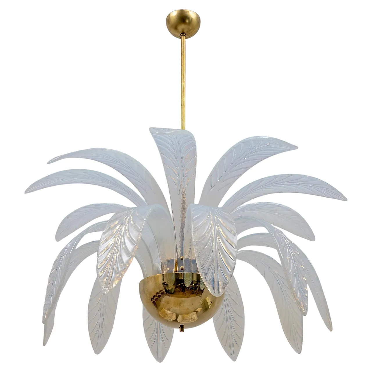 Iridescent Murano glass and brass palm leaves chandelier, 20th century 1
