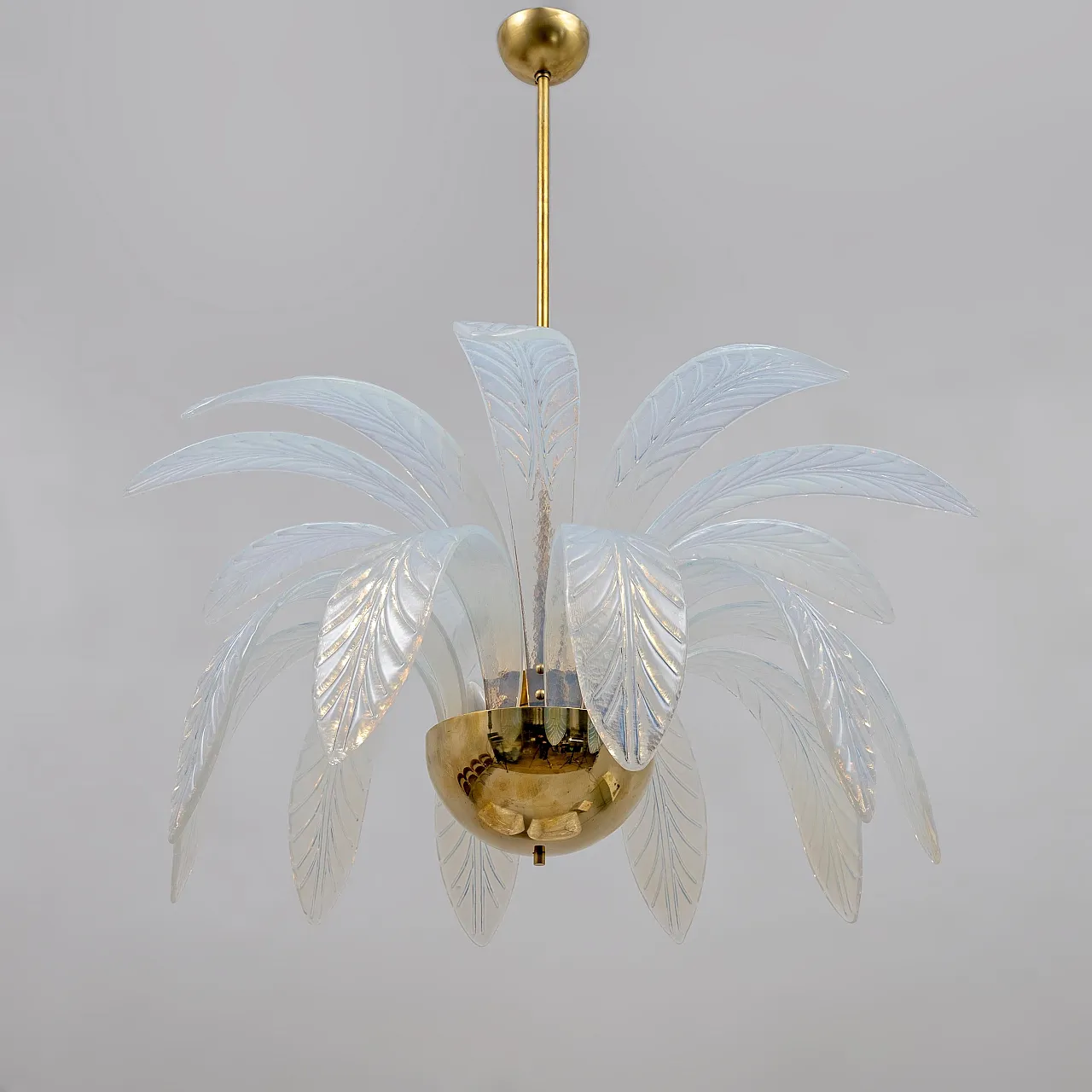 Iridescent Murano glass and brass palm leaves chandelier, 20th century 2