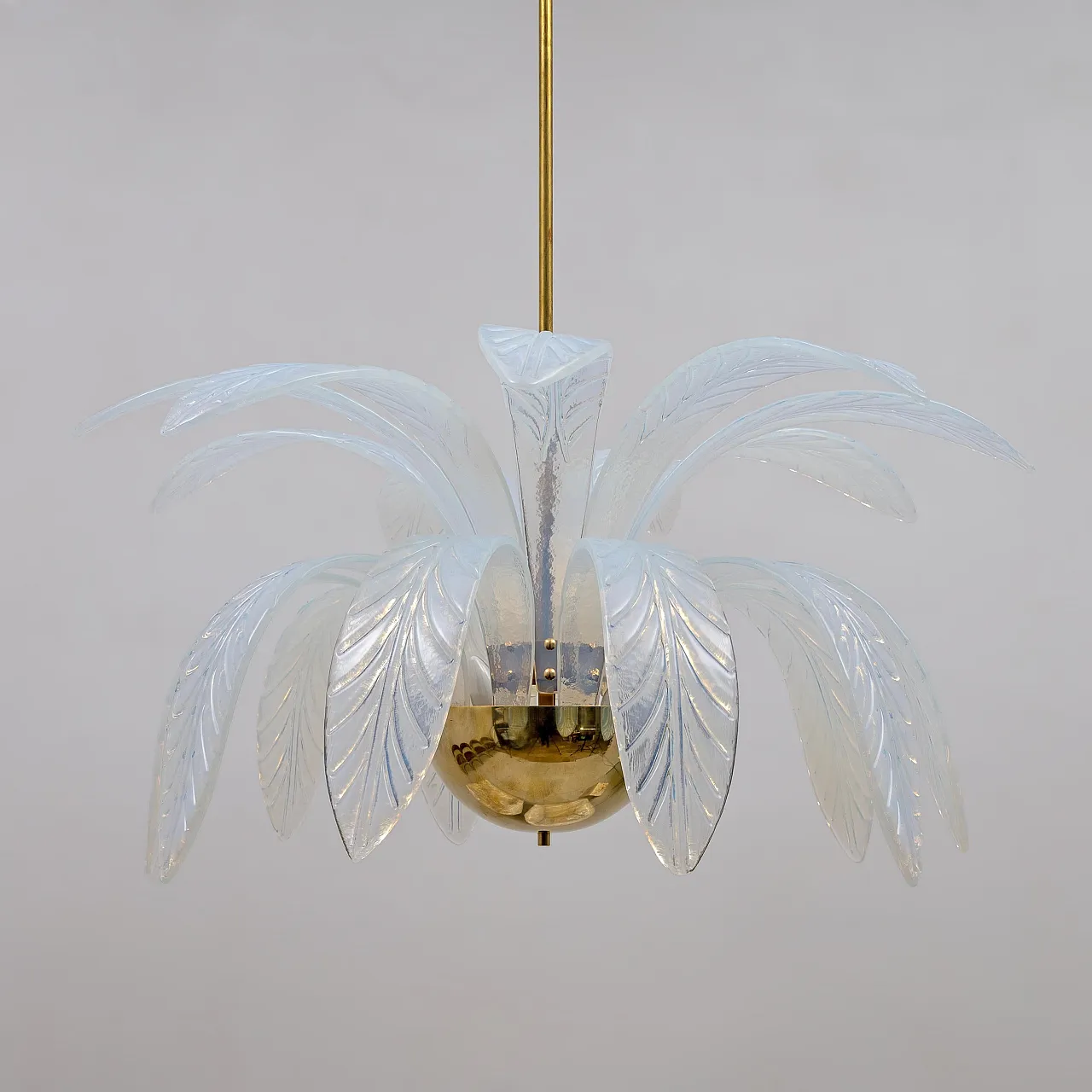 Iridescent Murano glass and brass palm leaves chandelier, 20th century 5