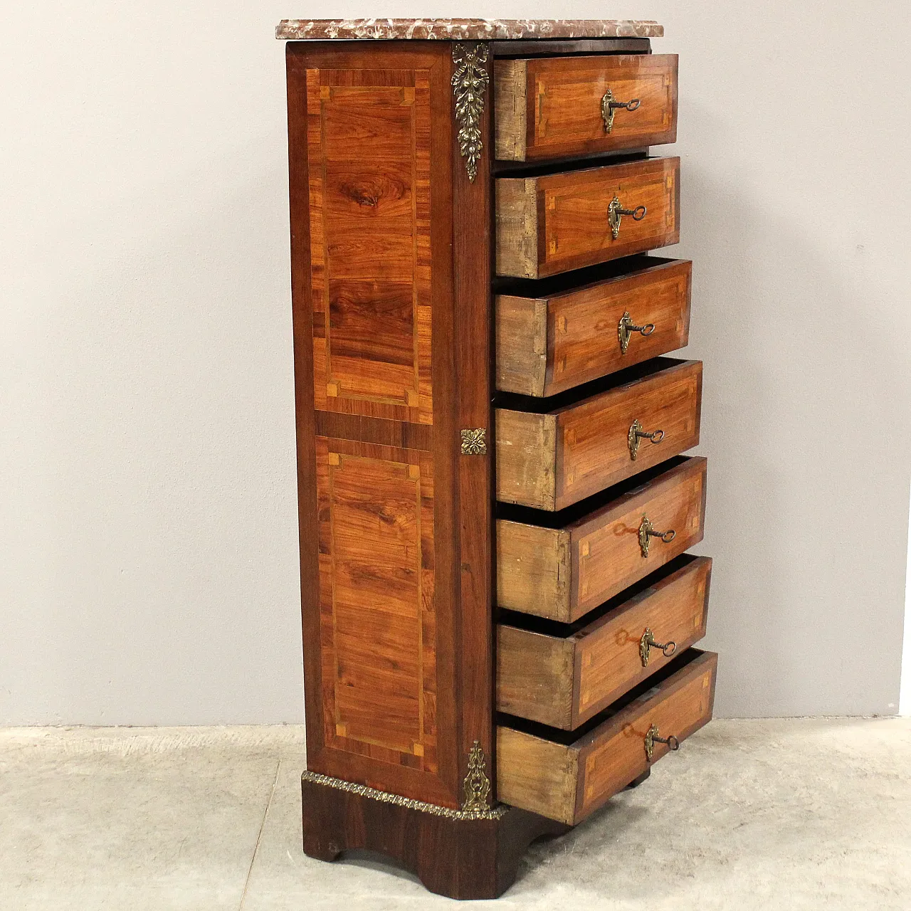 Settimanale settimino cassettiera Napoleone III intarsiato '800 5