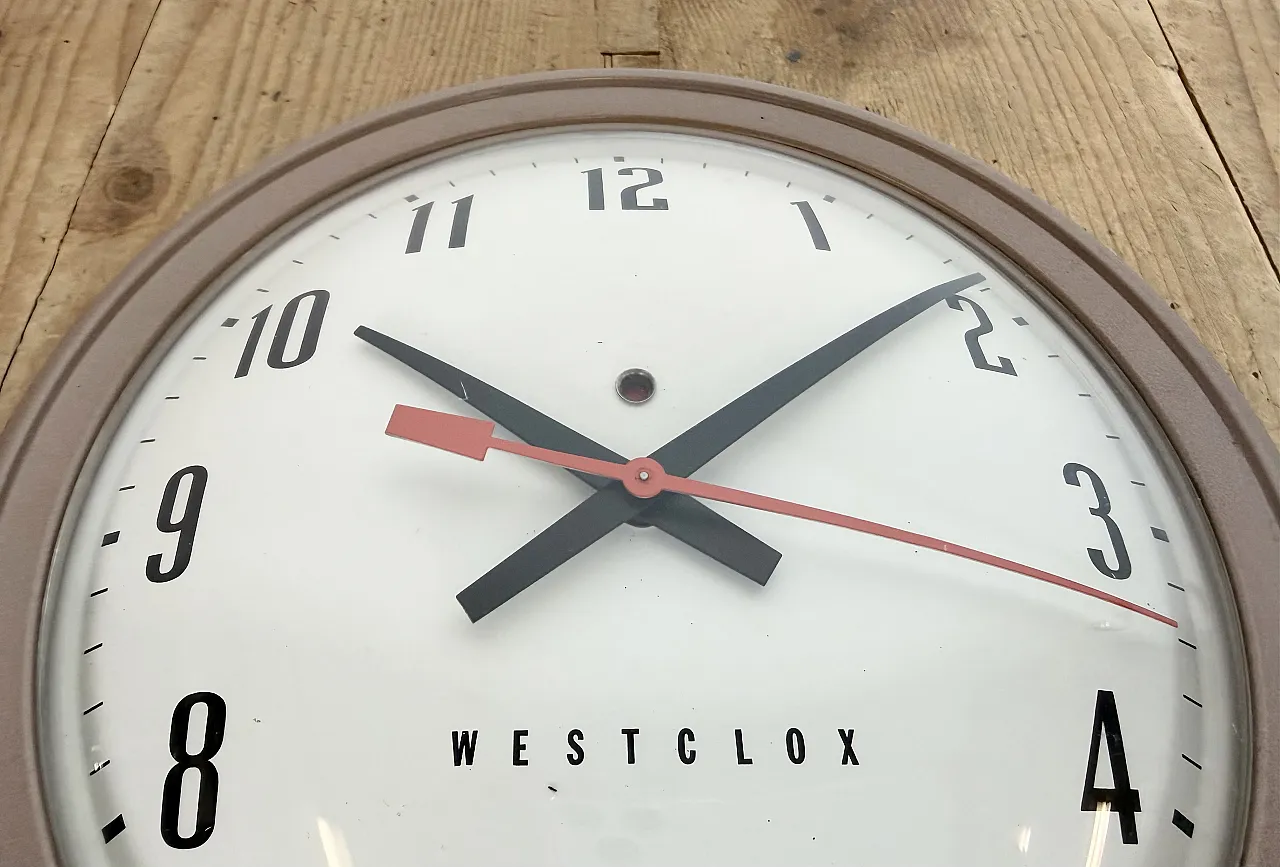 Brown Industrial Electric Station Wall Clock from Westclox , 1960s 10