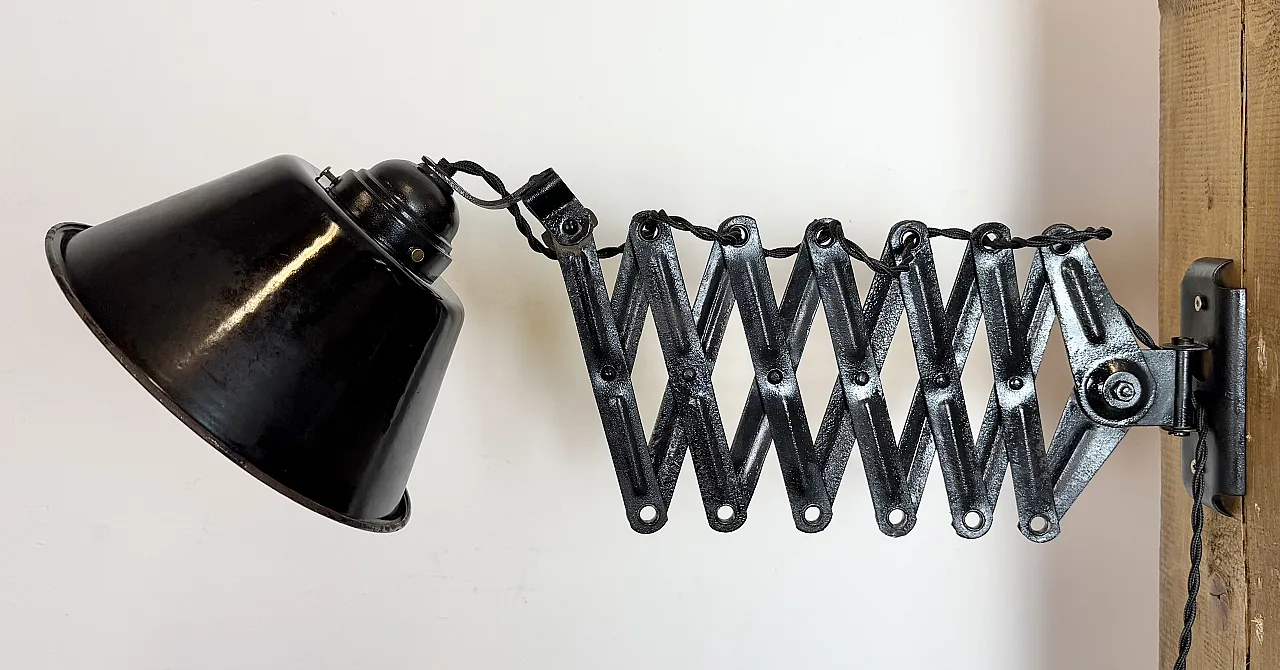 Industrial Black Enamel Scissor Wall Lamp, 1930s 3