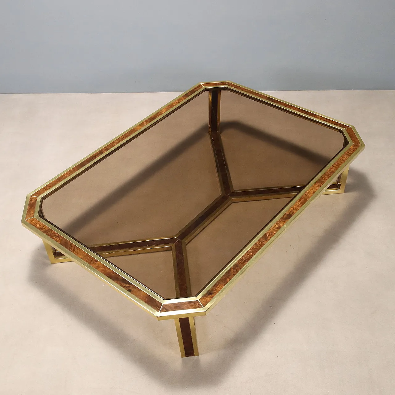 Tavolino in ottone, radica e vetro fumé, '900 4