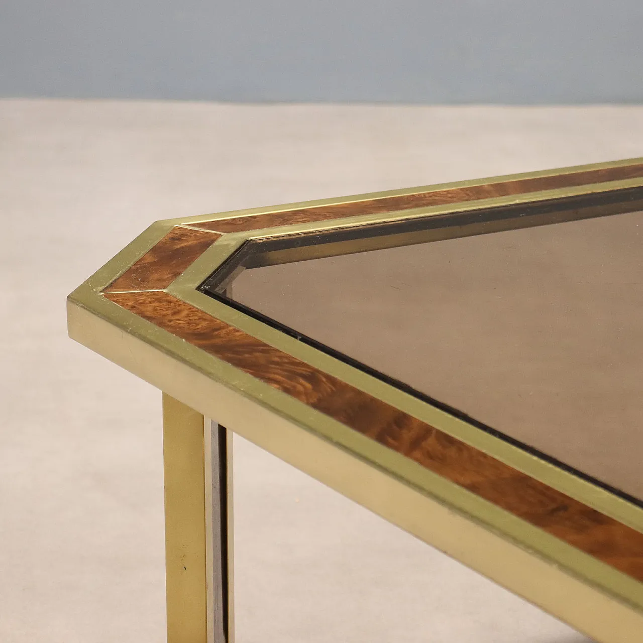 Tavolino in ottone, radica e vetro fumé, '900 5