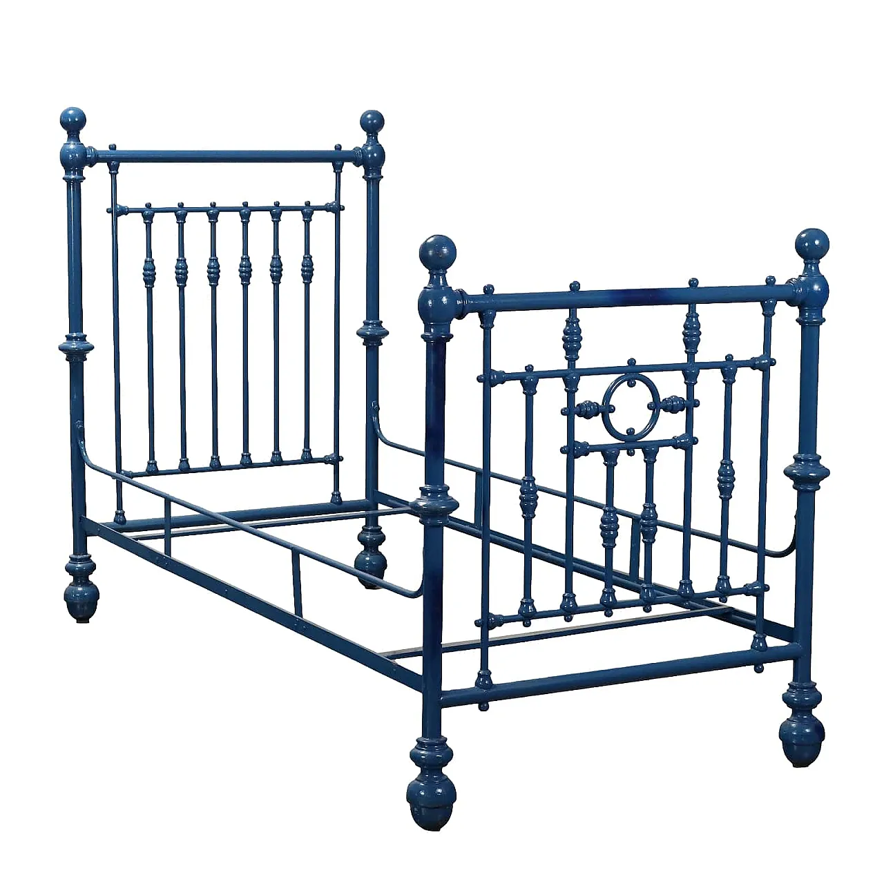 Letto singolo in ferro battuto laccato blu, inizio '900 1