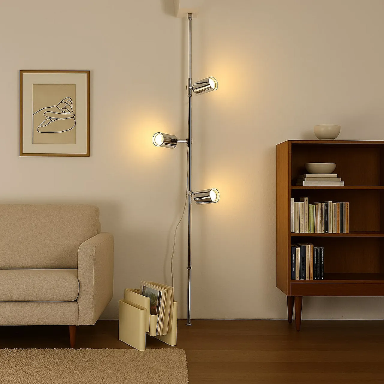 Lampada cielo terra con 3 faretti cromati, anni '70 2