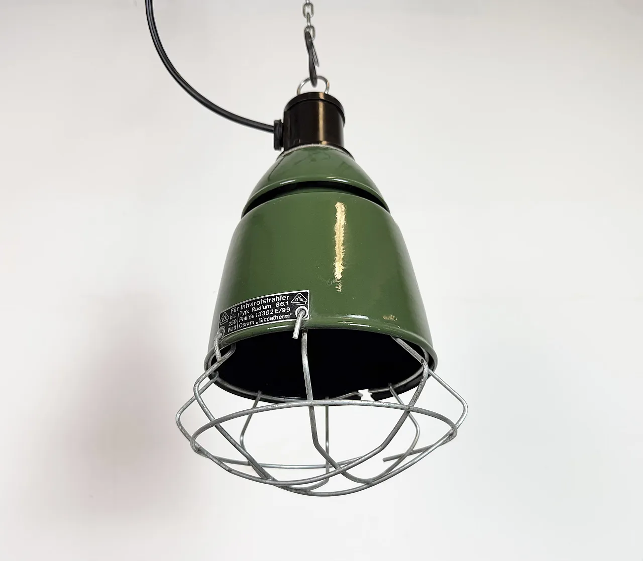 Industrial Green Enamel Cage Pendant Lamp from Philips, 1960s 6