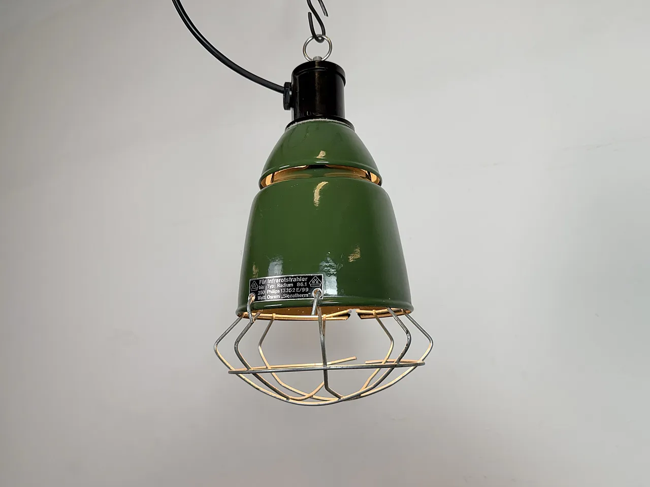 Industrial Green Enamel Cage Pendant Lamp from Philips, 1960s 9