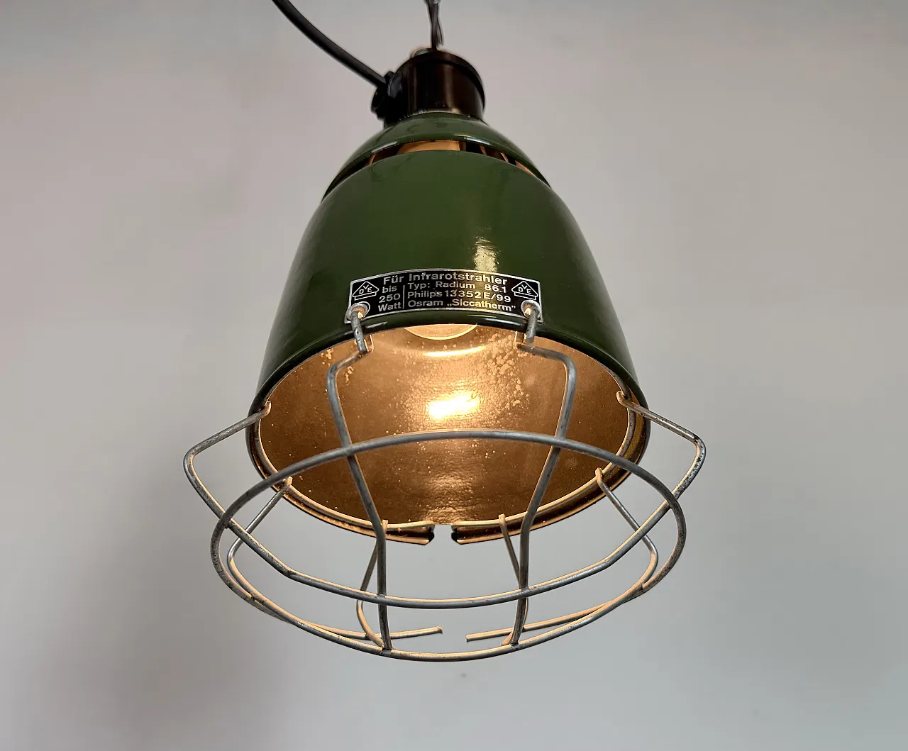 Industrial Green Enamel Cage Pendant Lamp from Philips, 1960s 10