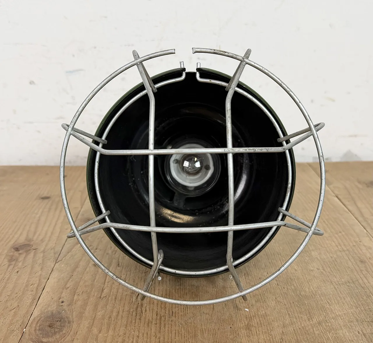 Industrial Green Enamel Cage Pendant Lamp from Philips, 1960s 13