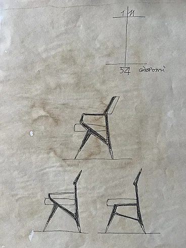 Chair project drawing by Gio Ponti, 1960