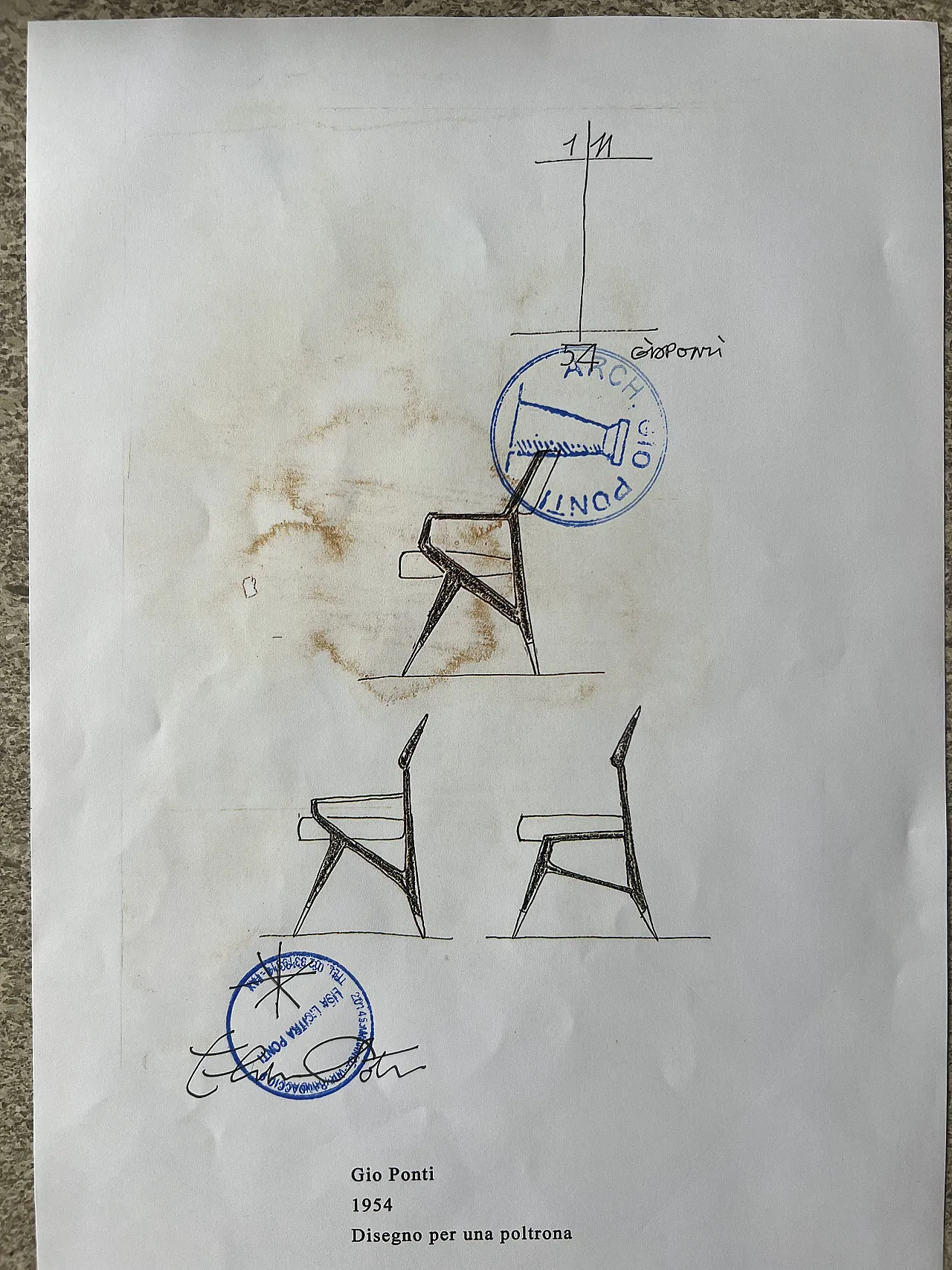 Disegno progetto sedia di Gio Ponti, 1960 4
