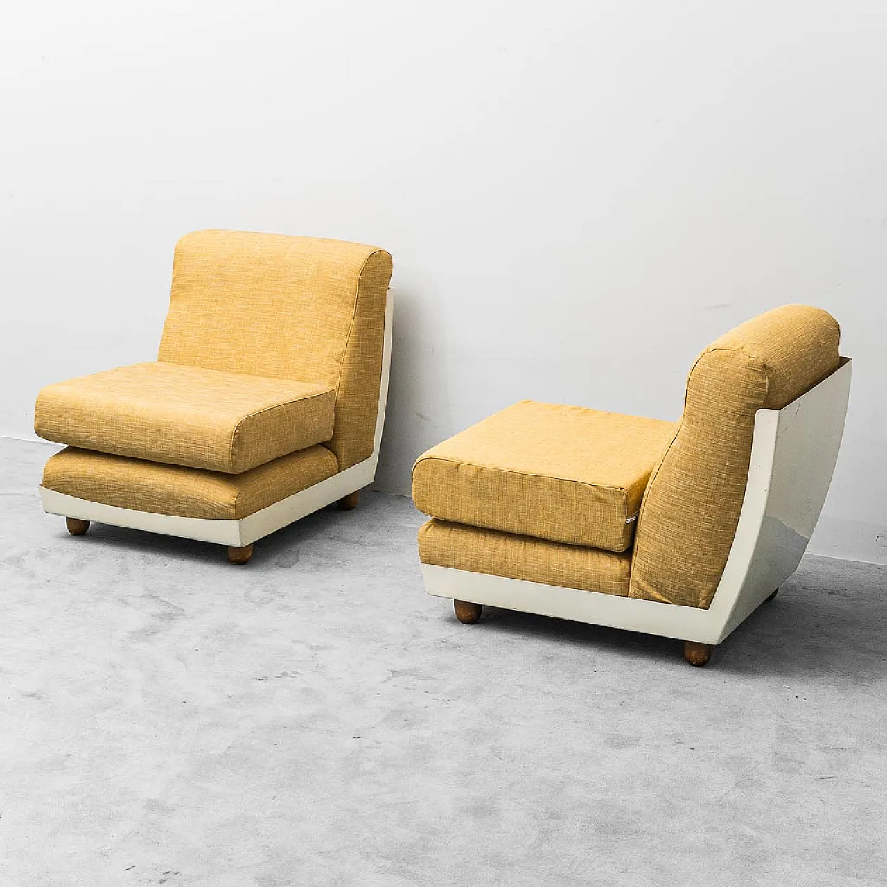 Pair of armchairs in yellow fabric and plastic, 1970s 1