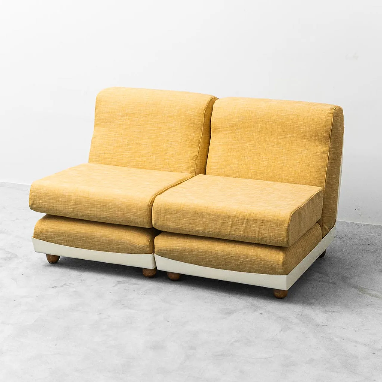 Pair of armchairs in yellow fabric and plastic, 1970s 3