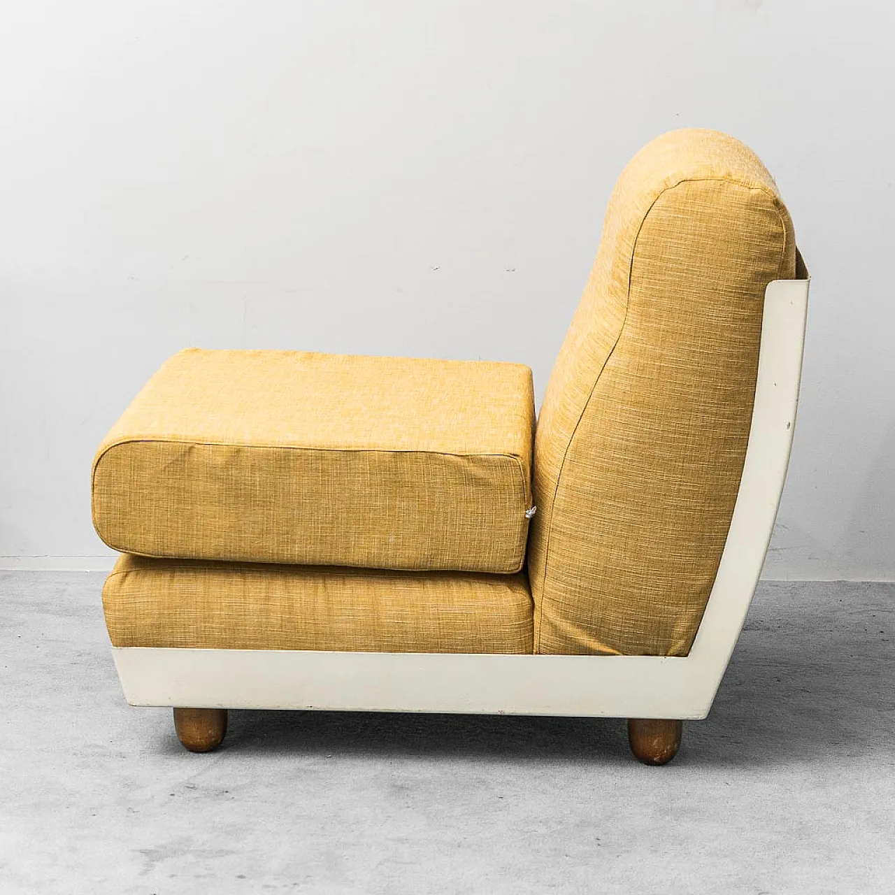 Pair of armchairs in yellow fabric and plastic, 1970s 5