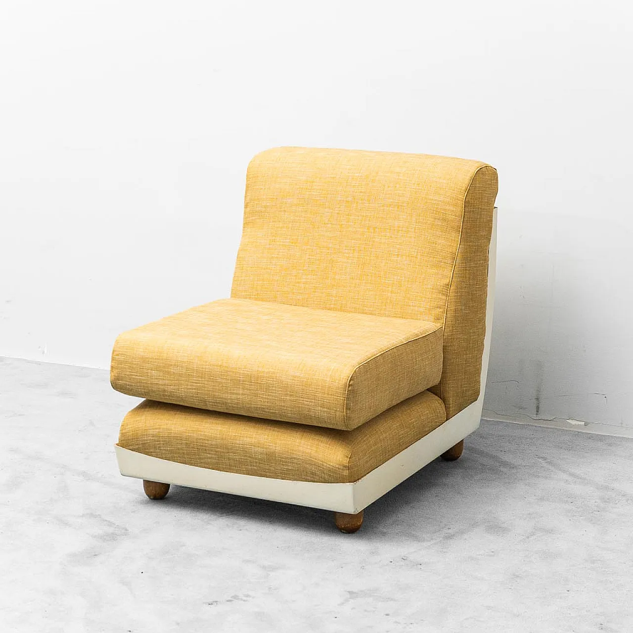 Pair of armchairs in yellow fabric and plastic, 1970s 6