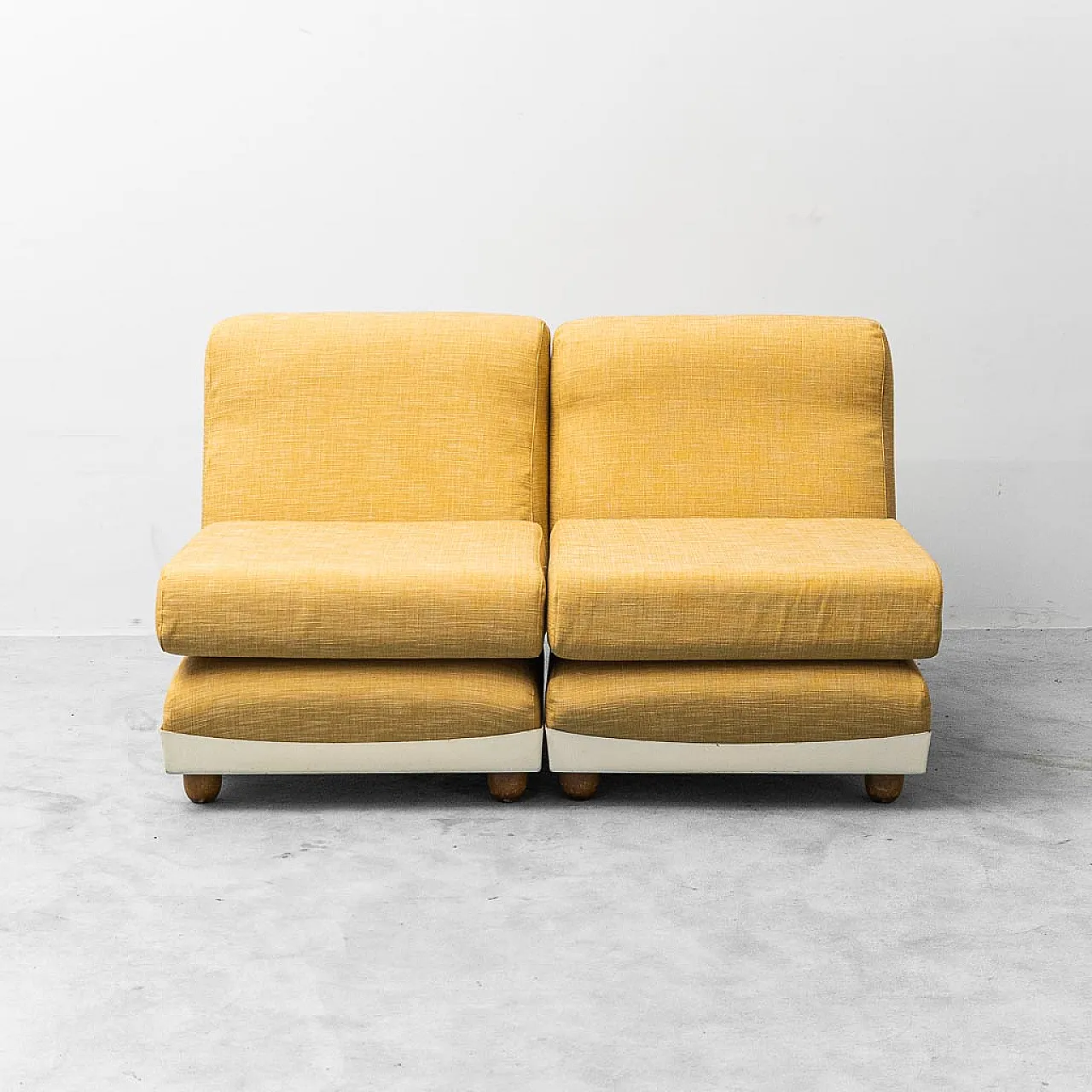 Pair of armchairs in yellow fabric and plastic, 1970s 9