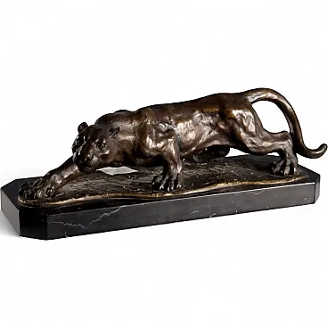 Bronze statue of a lurking tiger on a marble base, 20th century