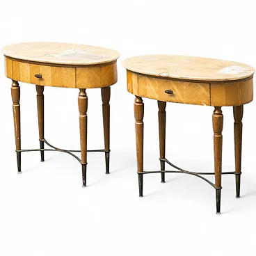 Pair of bedside tables in wood, marble and brass, 1950s