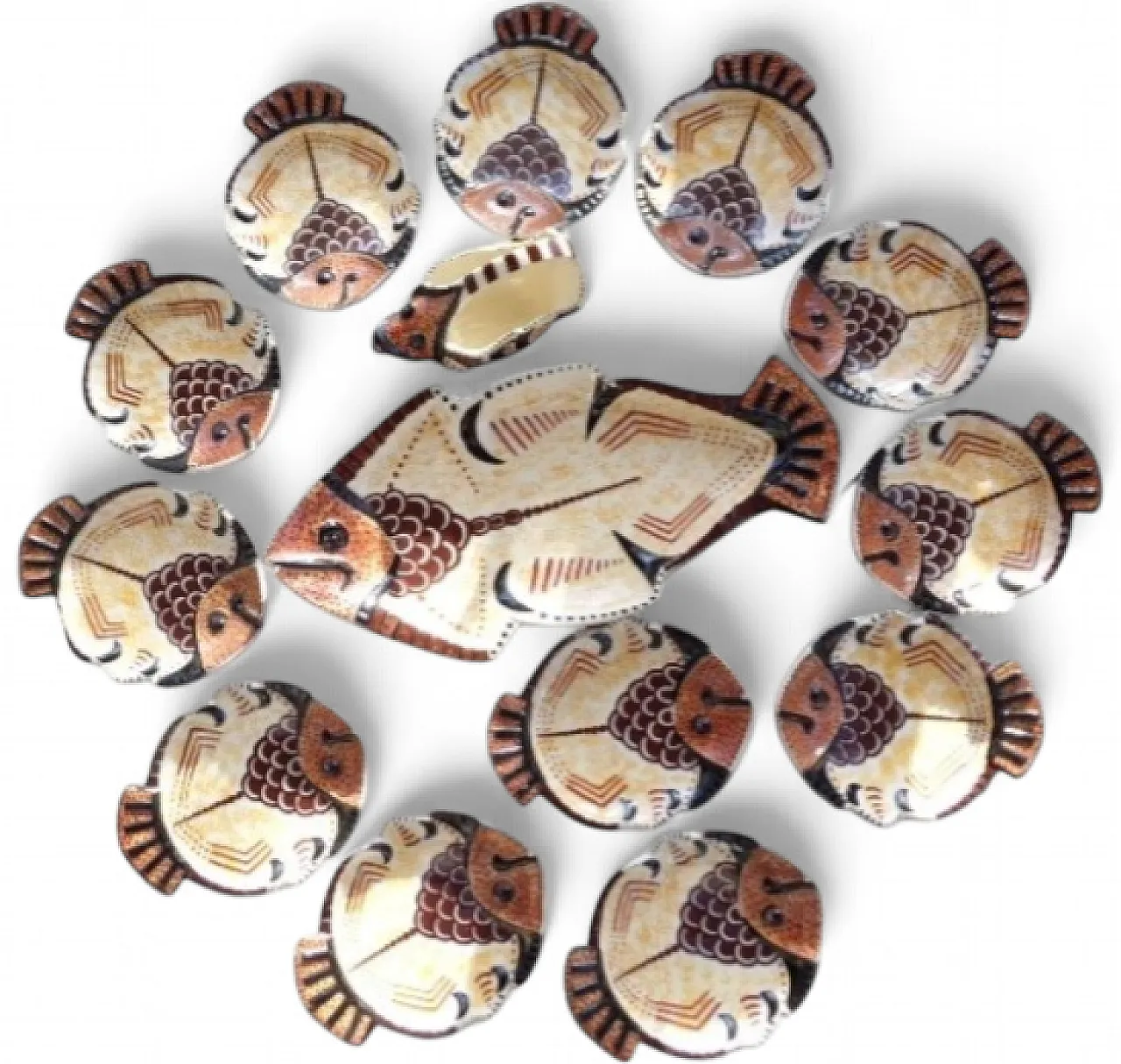 French Mid-Century Earthenware Barbotine Fish Dinner set, 50s 5