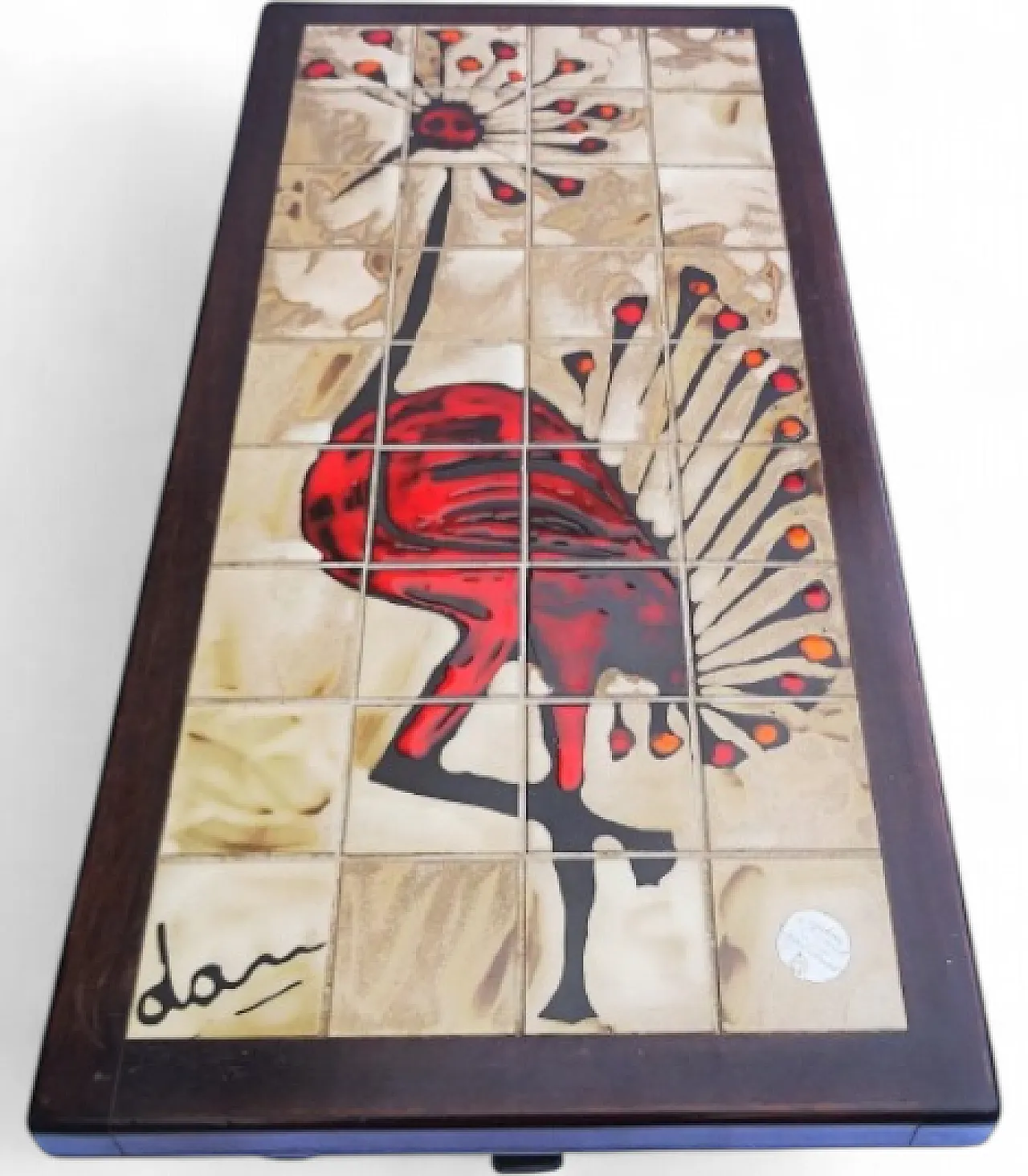 Coffee table with Gray Crowned Crane Motif signed Dan, 50s 6
