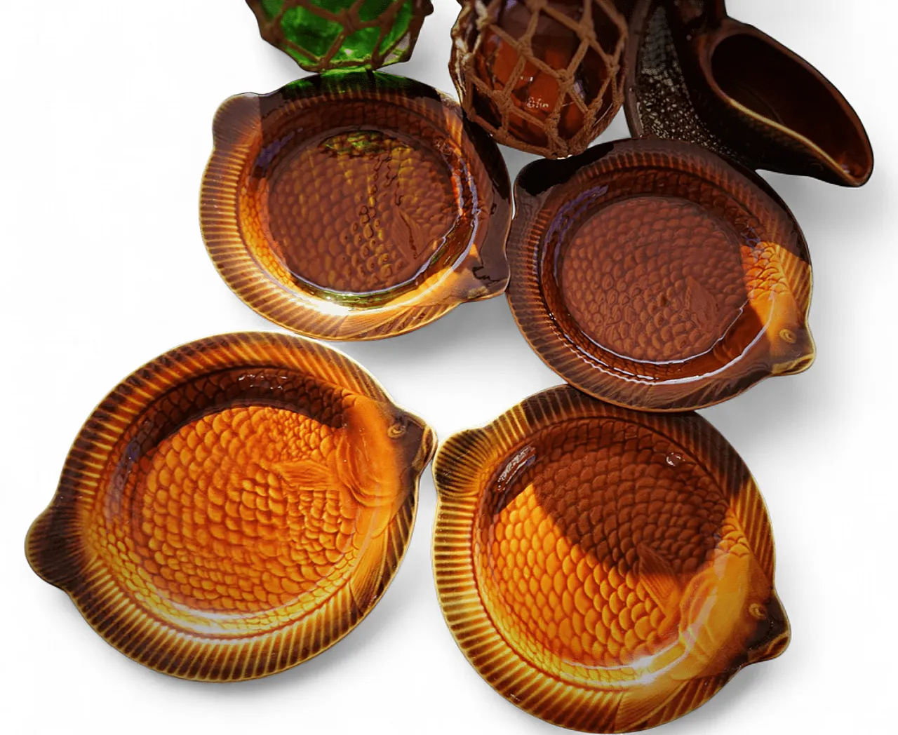 Mid-Century Majolica Brown Fish Set of 4 Plates by Sarreguemines, 50s 5