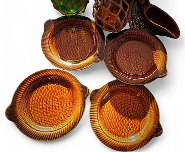 Mid-Century Majolica Brown Fish Set of 4 Plates by Sarreguemines, 50s
