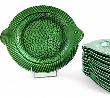 Green fish-shaped serving plates by Sarreguemines, 50s