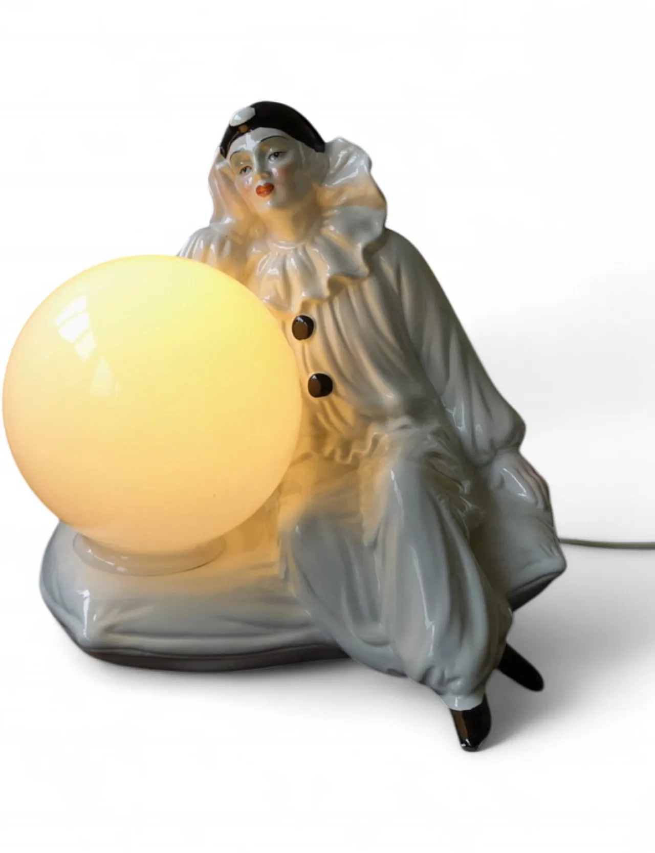 Art Deco porcelain bedside table lamp depicting Pierrot, 60s 5