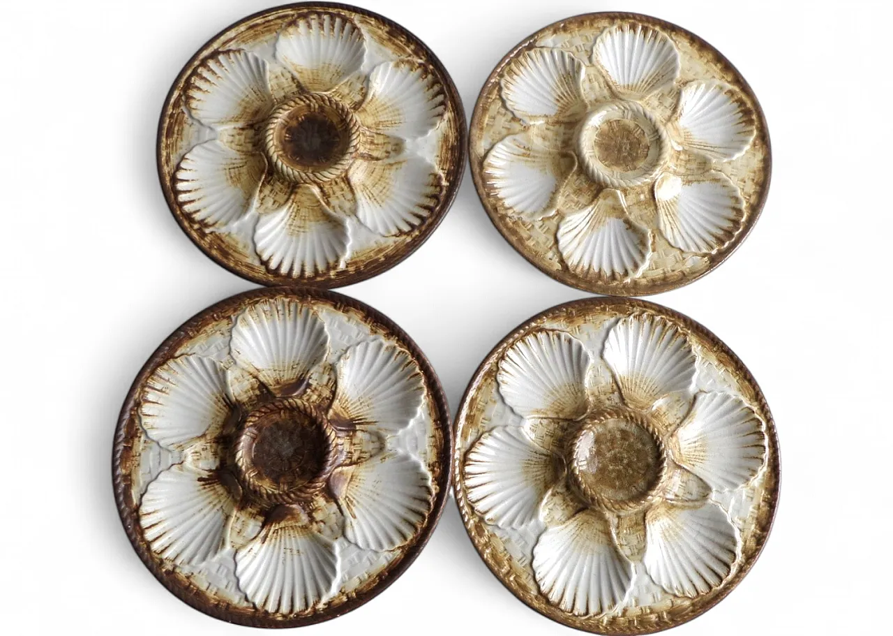 Majolica Shell Fish Oyster set of 4 Plates by Longchamp, 50s 4