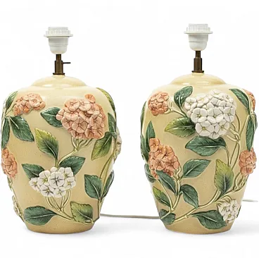Pair of Large lamps by Chaumette Paris, hydrangea Barbotine, 70s