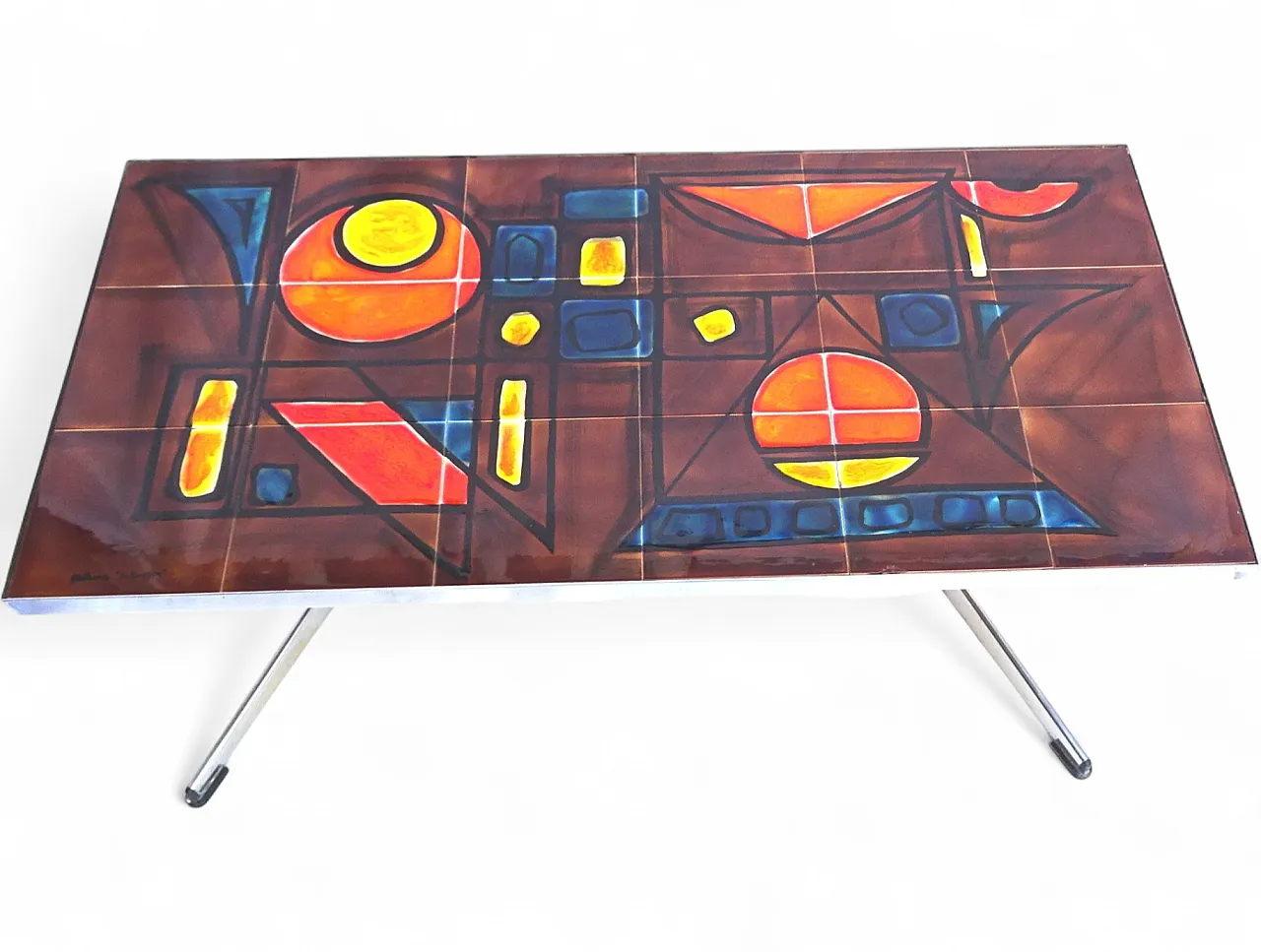 Vallauris coffee table ceramic tiles chrome base signed La Grange, 70s 7