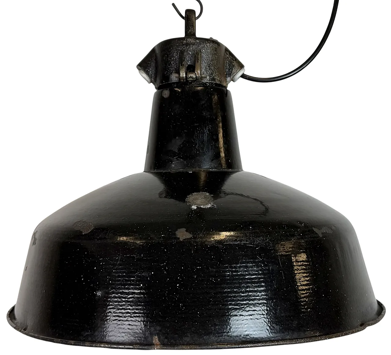 Industrial Black Enamel Factory Lamp with Cast Iron Top, 1950s 1