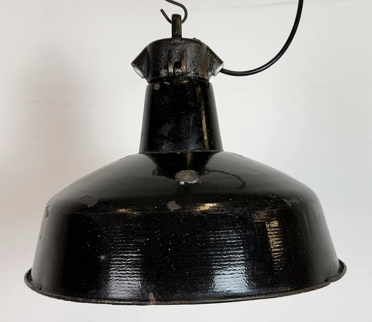 Industrial Black Enamel Factory Lamp with Cast Iron Top, 1950s 3