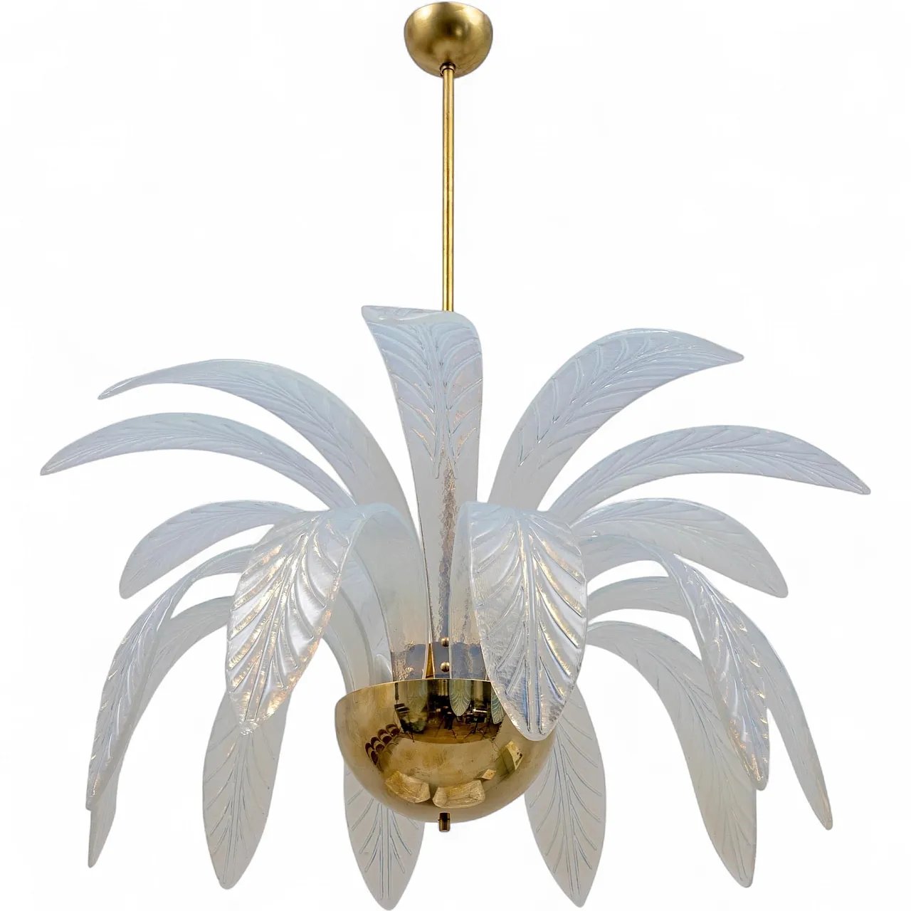 Iridescent Murano glass and brass palm leaves chandelier, 20th century 9