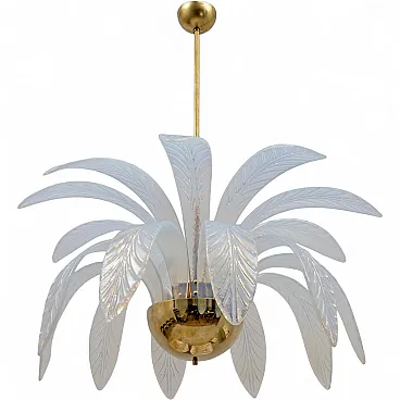 Iridescent Murano glass and brass palm leaves chandelier, 20th century