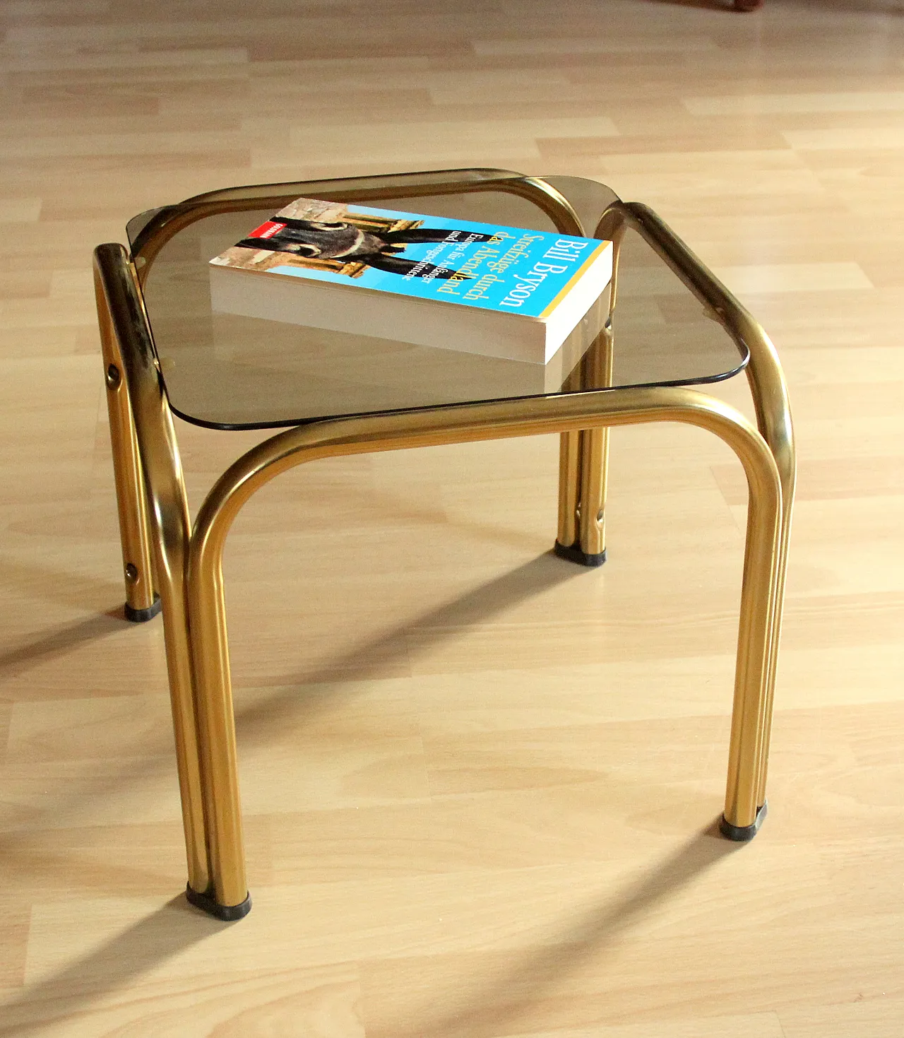 Brass side table plant stand with a smoked glass plate, 70s 1