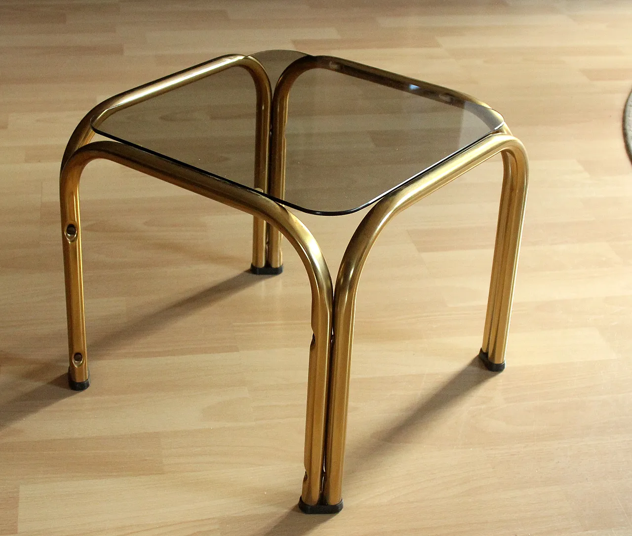 Brass side table plant stand with a smoked glass plate, 70s 2
