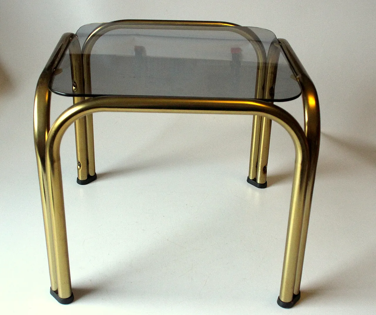 Brass side table plant stand with a smoked glass plate, 70s 3