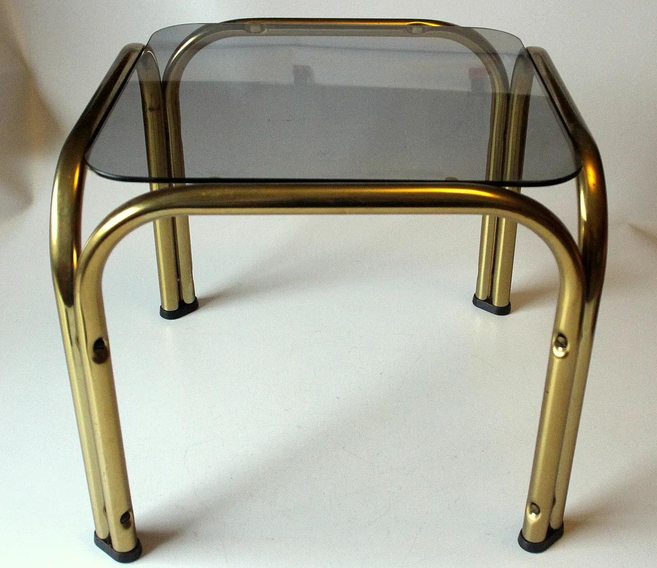 Brass side table plant stand with a smoked glass plate, 70s 4