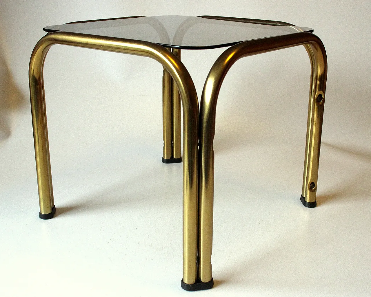 Brass side table plant stand with a smoked glass plate, 70s 5