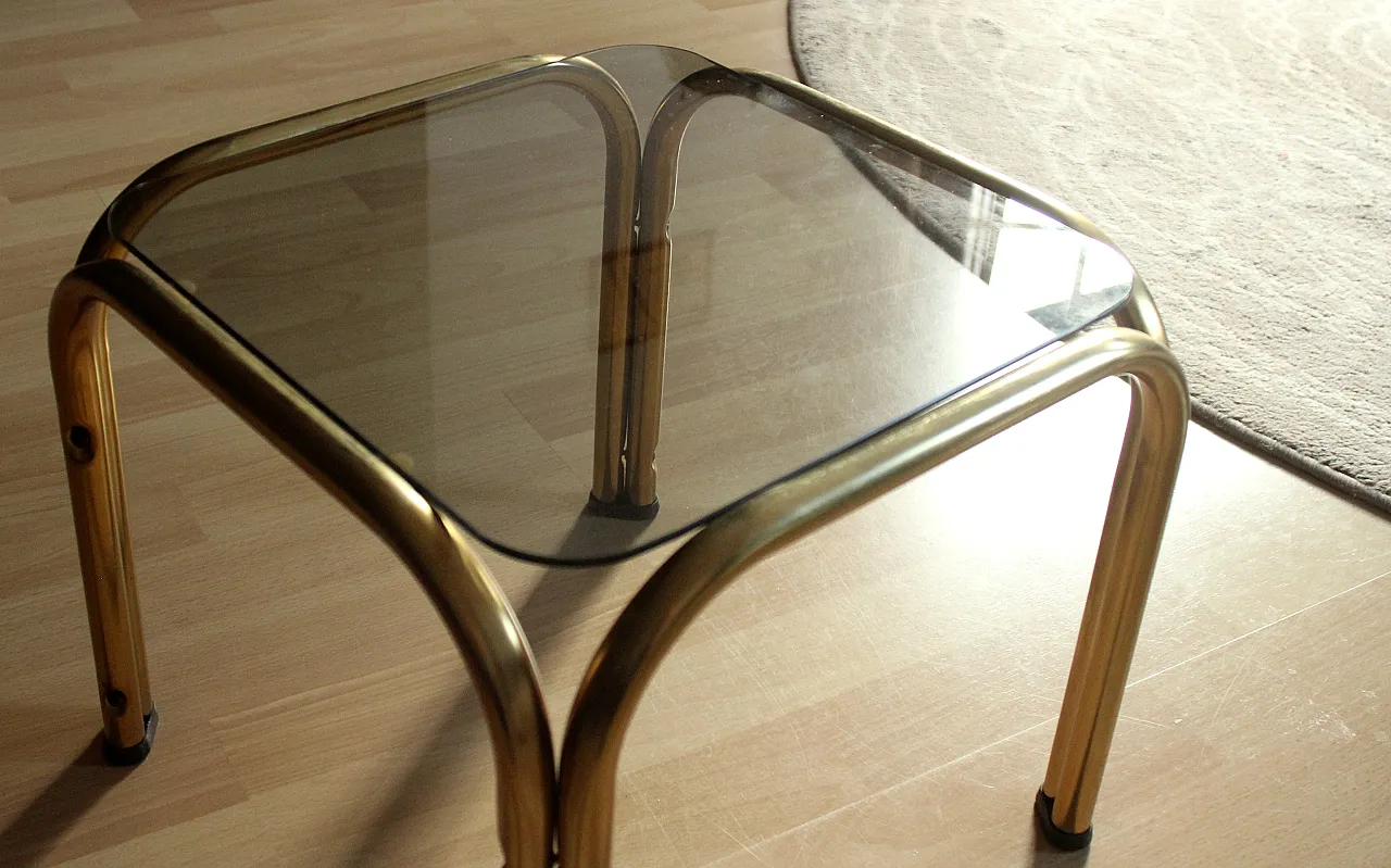 Brass side table plant stand with a smoked glass plate, 70s 7