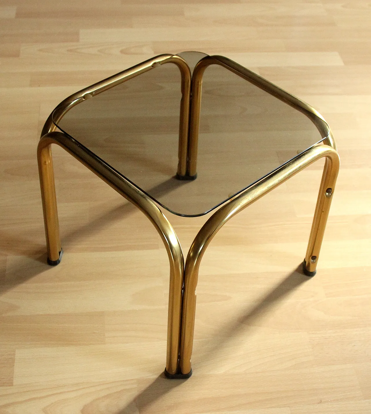 Brass side table plant stand with a smoked glass plate, 70s 8