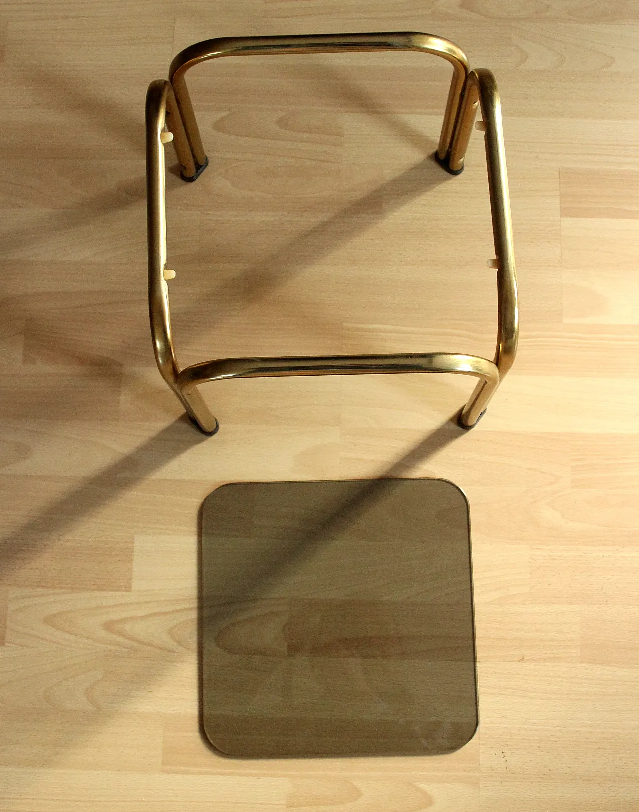 Brass side table plant stand with a smoked glass plate, 70s 9