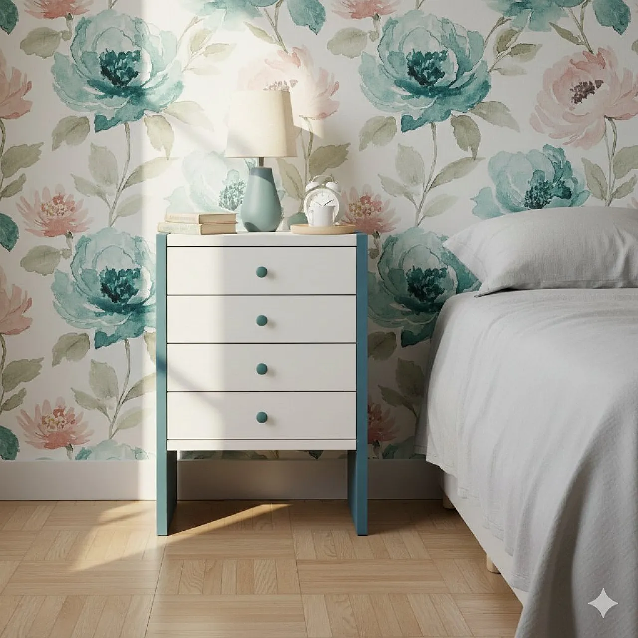 Pair of bedside tables in two-tone laminated wood, 20th century 2