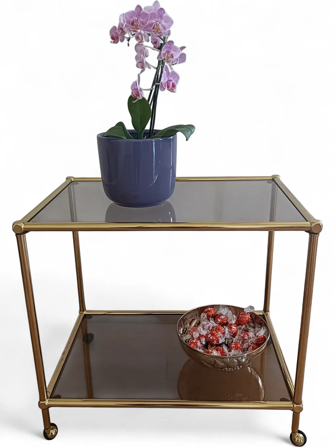 Carrello Bar in ottone e cristallo fumé di Regen, anni '70 8